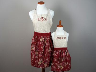 Mother and Daughter Burgundy Floral Lace Apron Set