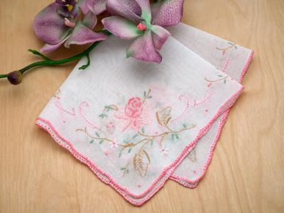 Pink Tiny Rosebuds onWhite Vintage Hanky ~ Ombre pink Crochet Scalloped Trim ~Handkerchief NOS