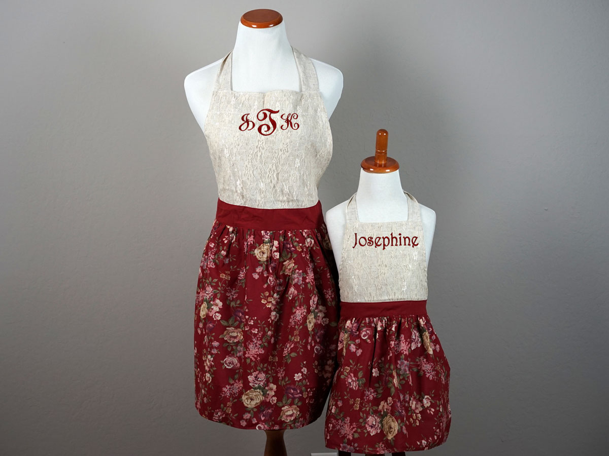 Personalized Mommy and Me Aprons with Burgundy Floral Lace | Monogrammed Mother Daughter Aprons | Matching Aprons | Mommy Daughter Apron Set