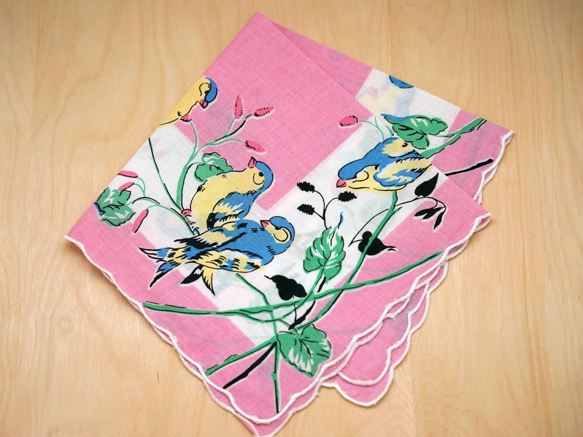 Vintage Inspired Pink Print Hankie w/ Blue Finches
