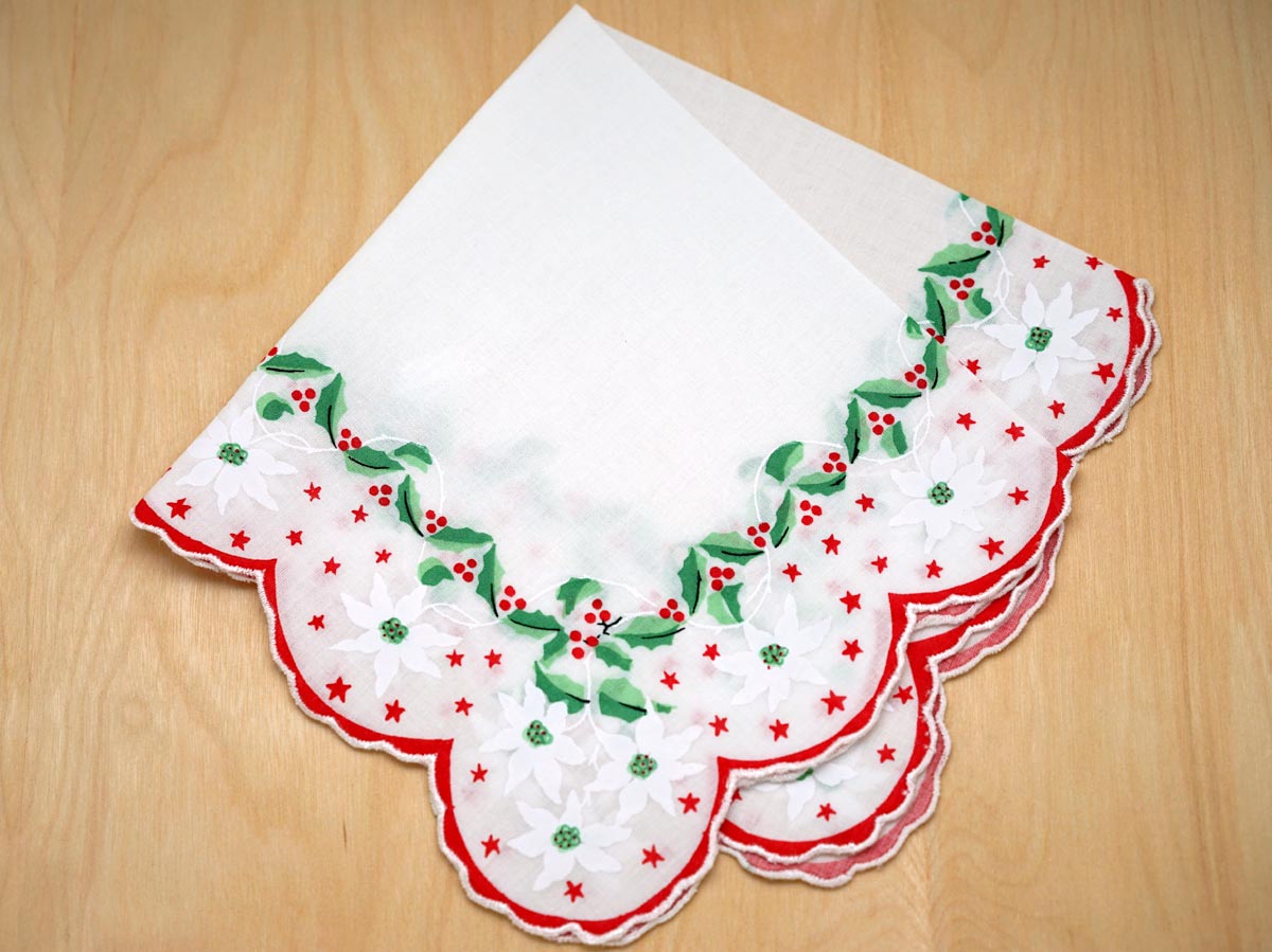 Vintage Handkerchief White wBeautiful Christmas Holiday Border Design Printed  VPHC004