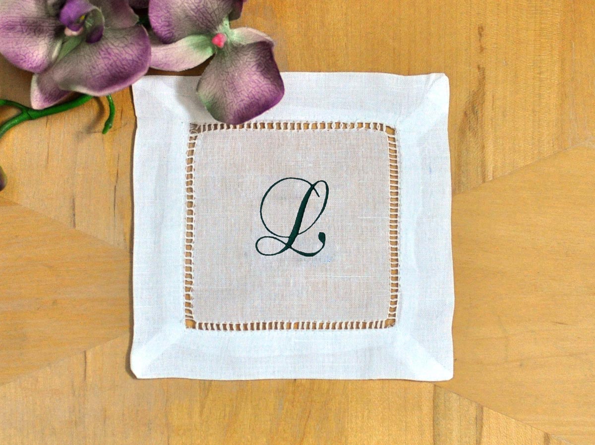 Set of 4 Monogrammed Linen Cocktail Napkins 1 Initial Font A