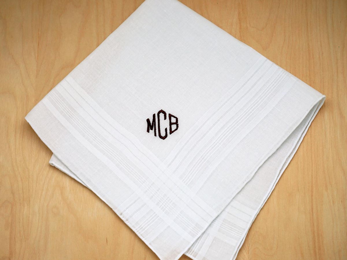 3 x Personalised Monogram White Cotton Handkerchiefs Custom Initials Name Men's 