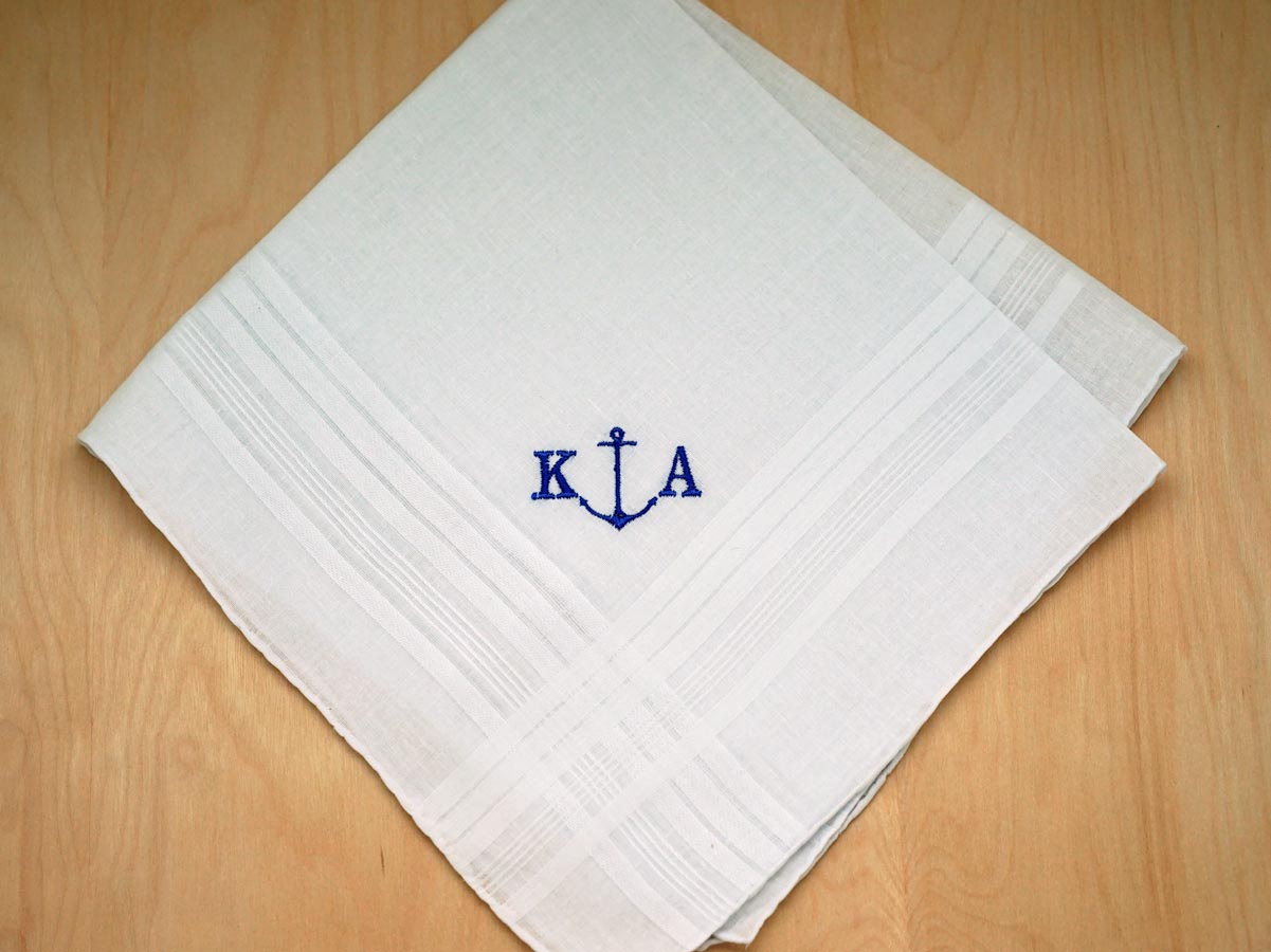 Mens Monogrammed Nautical Anchor Handkerchief- Font R