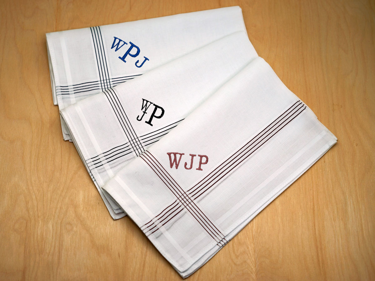 USA Made Vtg NEW NOS 3 Fine Quality Embroidered Monogram "A" Mens Handkerchiefs 