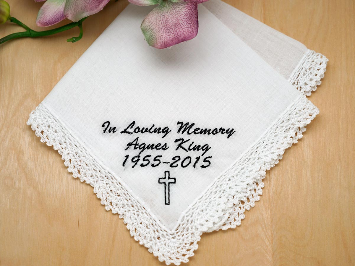 Memorial Personalized Up To 3 Lines Hankie w/ Cross - Font L