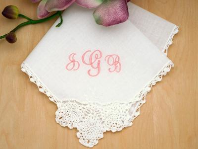 Embroidery Wedding Handkerchief with Claddagh Cluny Lace to Mother of Bride Monogrammed Personalized Custom 18325-1
