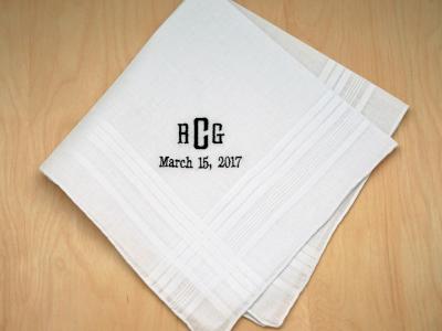 Mens Monogrammed Wedding Hankie w/ 3 Initials Date - Font E