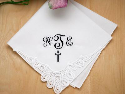 Memorial Monogrammed Handkerchief w/ 3 Initials Cross - Font J
