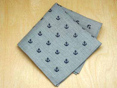 Gray Mens Linen Pocket Square with Navy Anchors