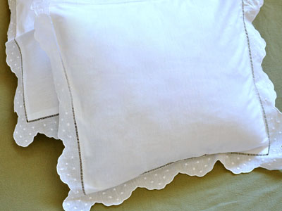 Pair of White Linen Throw Pillow Covers with Scalloped Dot Edges