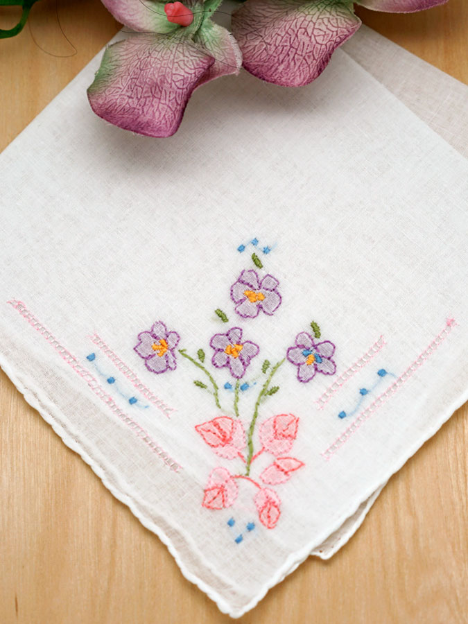 Set of 3 Violet Embroidered Ladies Handkerchiefs