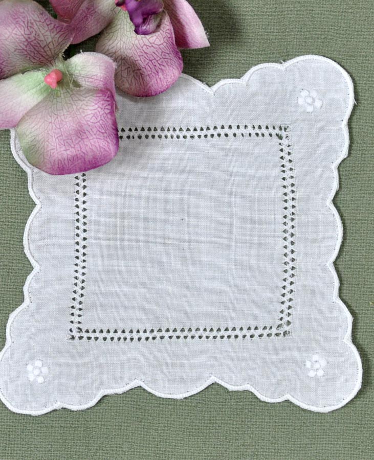 1 Dozen White Linen Cocktail Napkins with Scalloped Edges