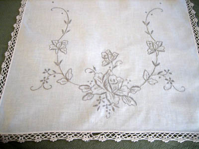 Ecru Table Runner with Bronze Rose Embroidery