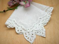 Set of 3 White Battenburg Lace Floral Wedding Handkerchiefs