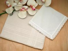 Bride and Groom Ivory Handkerchief Set with Cathedral Lace
