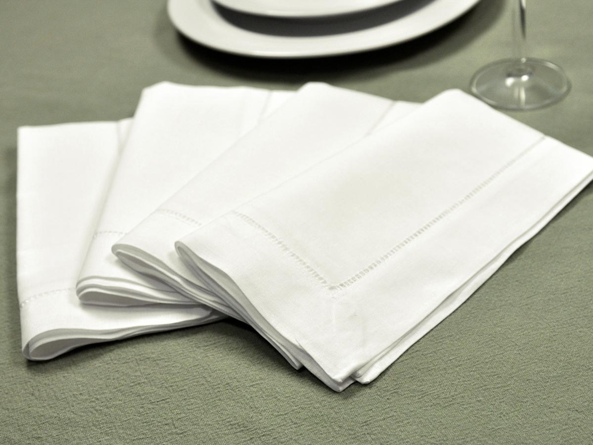 1 Dozen White Hemstitched Linen Dinner Napkins - 18 inch