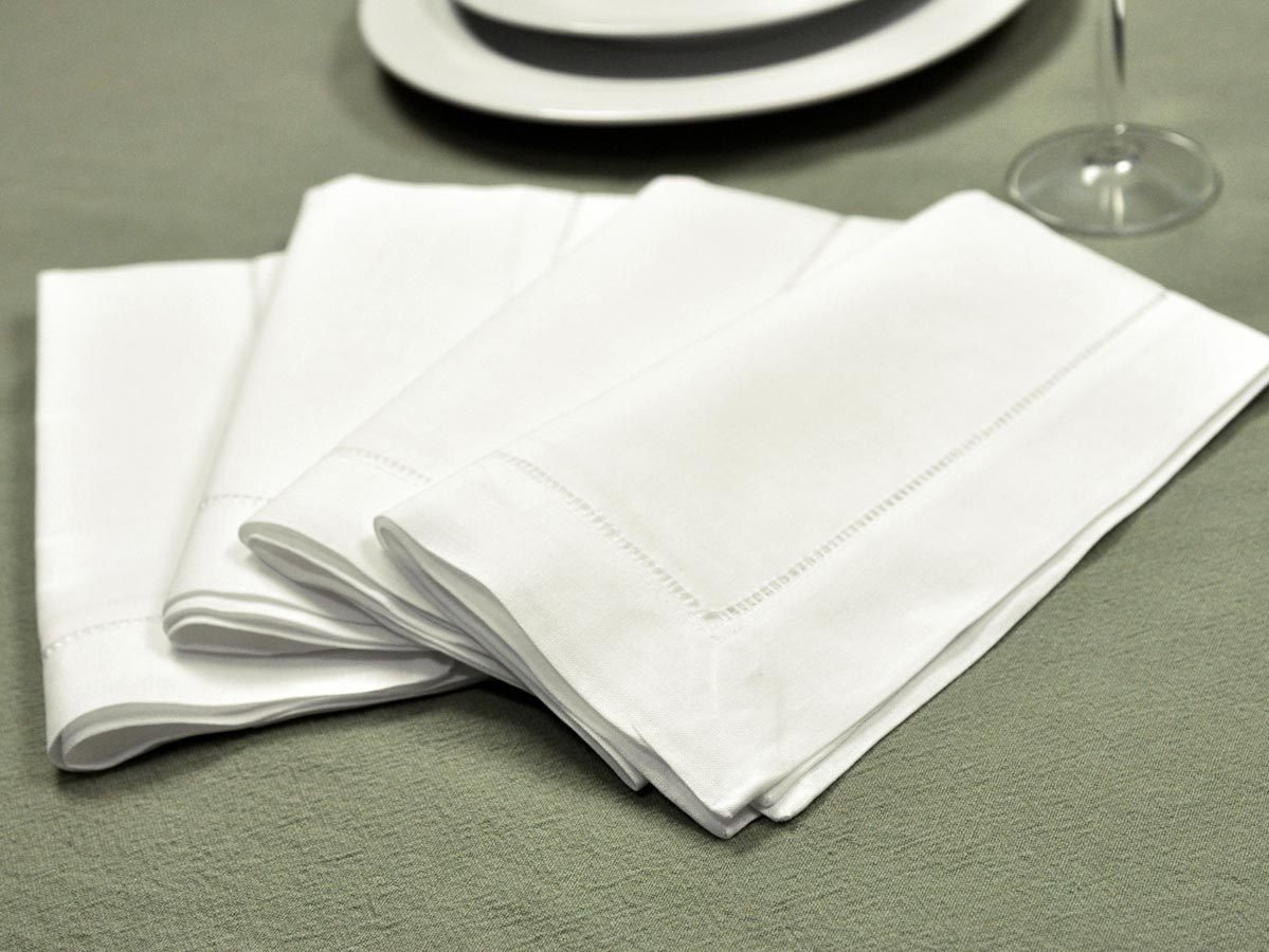 1 Dozen White Hemstitched Linen Dinner Napkins - 20 inch