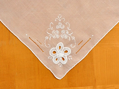Set of 3 White Battenburg Lace Floral Wedding Handkerchiefs