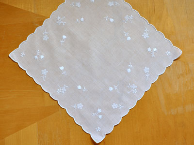 White Tulip and Daisy Scallop Wedding Handkerchief