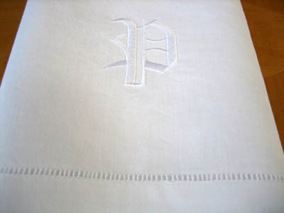 Monogrammed White Linen Hand Towel w/ Single Initial Font V
