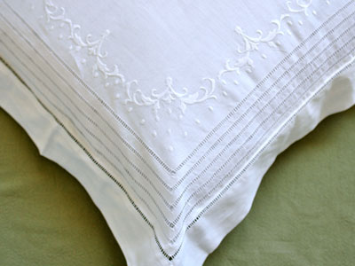 Pair of White Linen Throw Pillow Covers with Scroll Embroidery