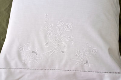 Pair of White Cotton Pillowcases with Rose and Bow Embroidery