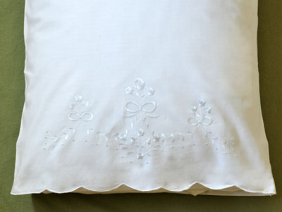 Pair of White Cotton Pillowcases with Ribbon & Flower Embroidery