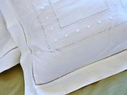 Pair of White Linen Throw Pillow Covers with Embroidered Dots
