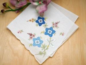 Set of 3 Blue Floral Applique Embroidered Handkerchiefs