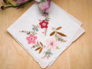 Set of 3 Pink Floral Applique Embroidered Handkerchiefs