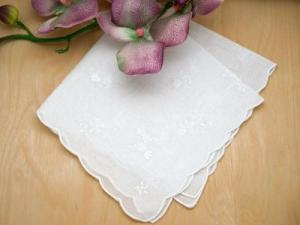 White Tulip and Daisy Scallop Wedding Handkerchief