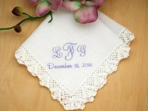 Monogrammed Wedding Hankie w/ 3 Initials And Date - Font J