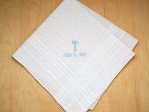 Mens Monogrammed Wedding Hankie w/ 1 Initial Date - Font E