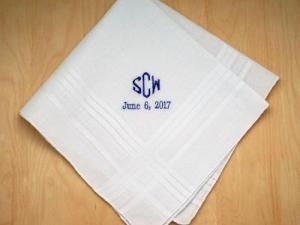 Mens Monogrammed Wedding Hankie w/ 3 Initials Date - Font D