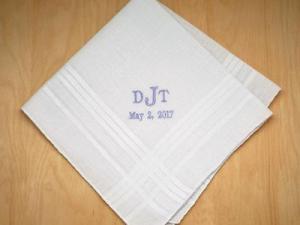 Mens Monogrammed Wedding Hankie w/ 3 Initials Date - Font R