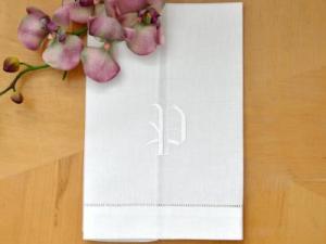 Monogrammed White Linen Hand Towel w/ Single Initial Font A