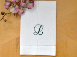 Monogrammed White Linen Hand Towel w/ Single Initial Font F