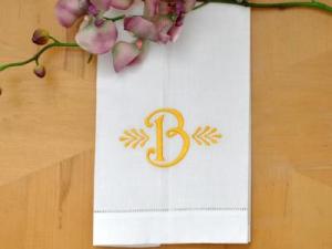 Monogrammed White Linen Hand Towel w/ Single Initial Font C