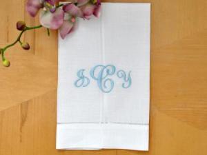 Monogrammed White Linen Hand Towel w/3 Initials Font J