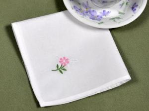 1 Dozen White Tea Napkins with a Pink Embroidered Flower