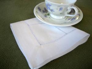1 Dozen White Square Hemstitched Linen Tea Napkins - 12 inch
