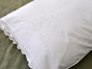 Pair of Linen Pillowcases with Flowers and Crochet Lace Edges
