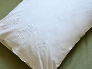 Pair of White Cotton Pillowcases with Ribbon & Flower Embroidery