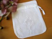 Set of 3 Linen Favor Bags with White Embroidered Flowers