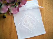 Set of 3 Linen Favor Bags with White Embroidered Rose