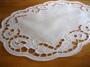 White Linen Oval Doily with Floral Cutwork