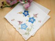 Set of 3 Blue Floral Applique Embroidered Handkerchiefs
