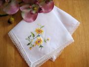 Set of 3 Yellow Embroidered Handkerchiefs with Lace Edges