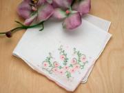 Set of 3 Pink Floral Vine Embroidered Handkerchiefs